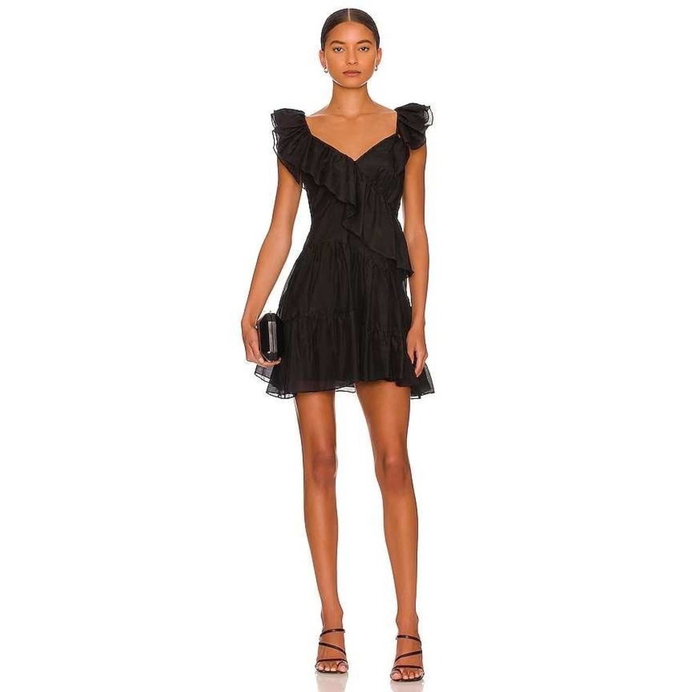 NWT Cinq a Sept Winifred Black Ruffle V Neck Sleeveless Mini Dress Size 2‎
